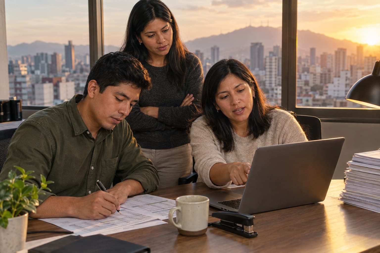 Tres personas del área de finanzas de una empresa revisando documentos frente a una laptop