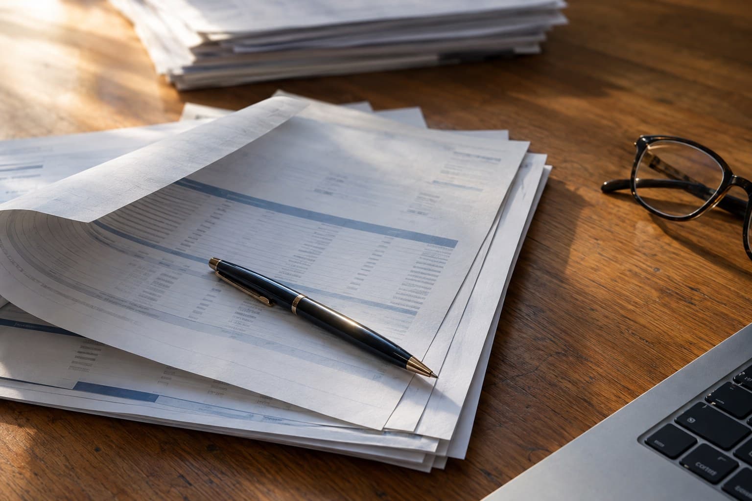 Un escritorio con facturas impresas, un extracto bancario y unos lentes